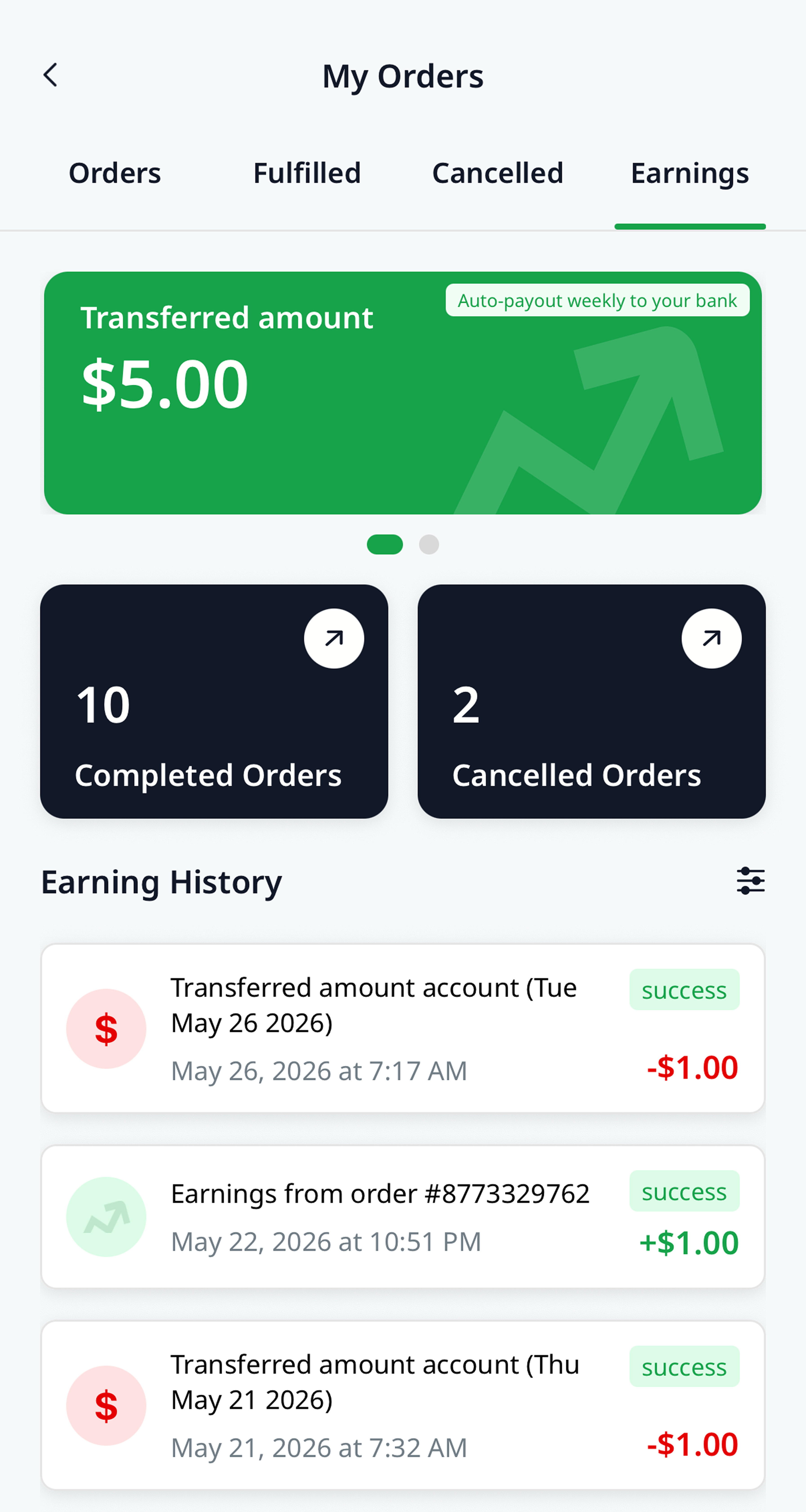 Earnings and payout history in the TableShare app